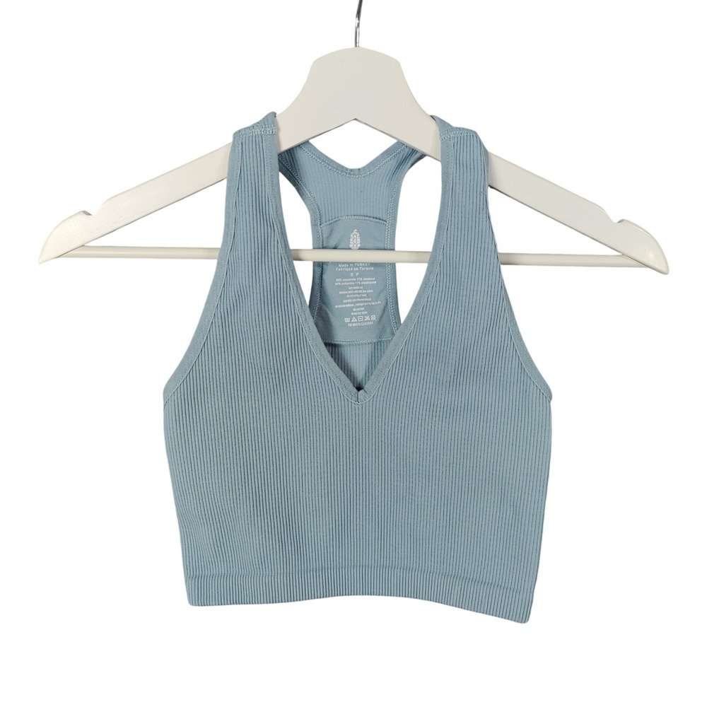 Free People Womens Athleisure Yoga Good Karma Crop Top S Blue Ribbed Racerback
